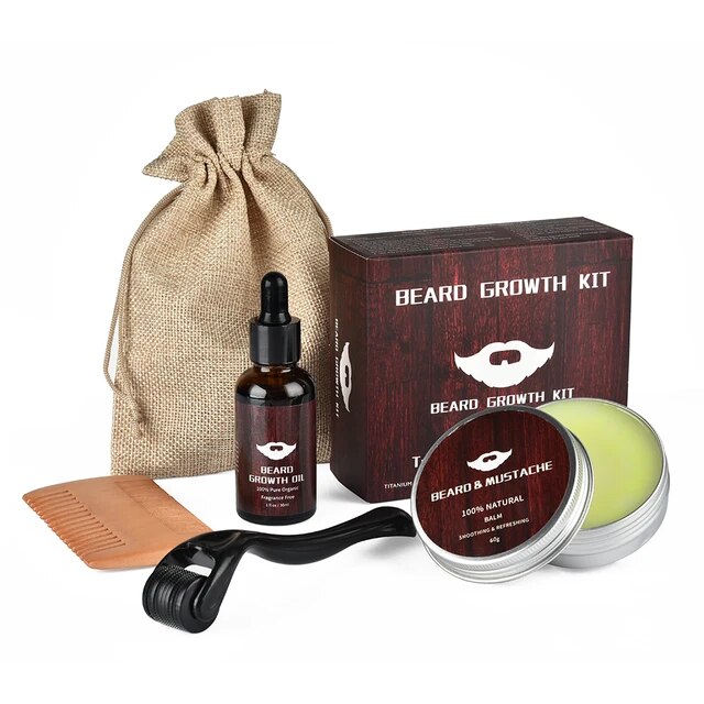 4Pcs/Set Beard Growth Kit for Men Hair Enhancer Thicker Mustache Grooming Beard Care Oil Moisturizer Wax Balm with Roller Comb