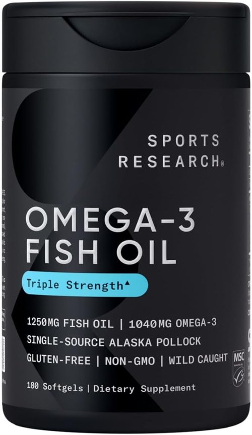 Sports Research Triple Strength Omega 3 Fish Oil – Burpless Fish Oil Supplement w/EPA & DHA Fatty Acids from Single-Source Wild Alaskan Pollock – 1250 mg, 180 ct