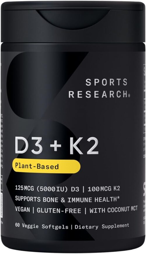 Sports Research Vitamin D3 K2 with Coconut Oil | Plant Based Vitamin K2 MK7 + Vegan D3 5000iu | Vegan Certified, Soy & Gluten Free – 60 Count Softgels