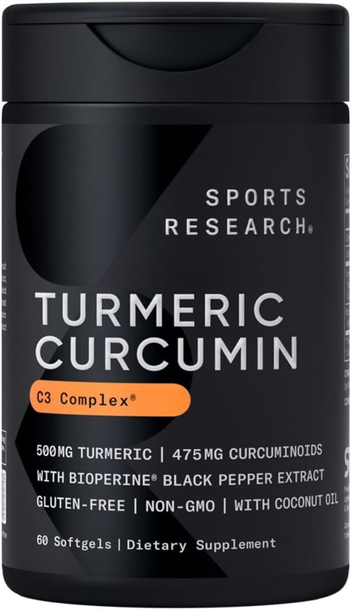 Sports Research Turmeric Curcumin C3 Complex 500 mg, Enhanced & Black Pepper and Organic Coconut Oil for Better Absorption; Non-GMO and Gluten Free – Standardized 95% Curcuminoids (60 Count Softgels)