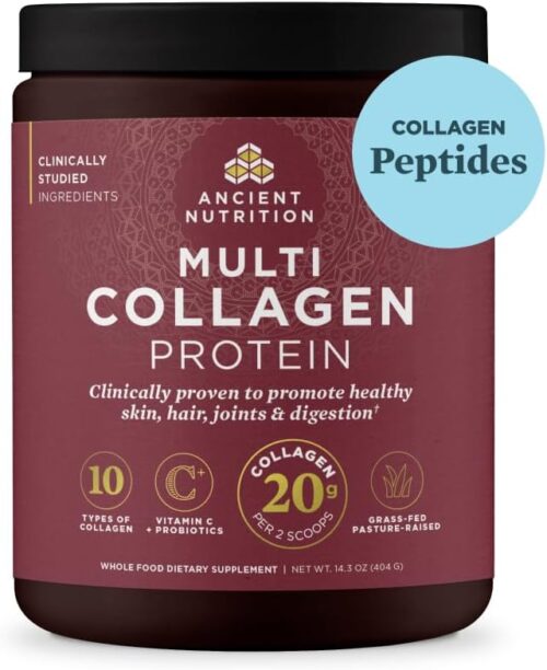 Ancient Nutrition Collagen Powder Protein with Probiotics, Multi Collagen Protein with Vitamin C, Hydrolyzed Collagen Peptides Supports Skin and Nails, Gut Health (40 Servings, Unflavored)