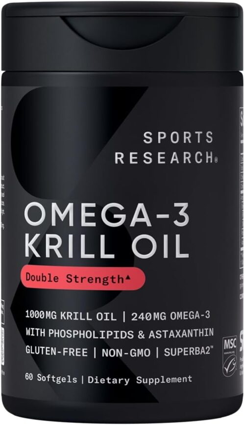 Sports Research Antarctic Krill Oil Omega 3 Softgels 1000mg (Double Strength) with Phospholipids, Choline & Astaxanthin – Sustainably Sourced, Non-GMO Verified & Gluten Free – 60 Capsules