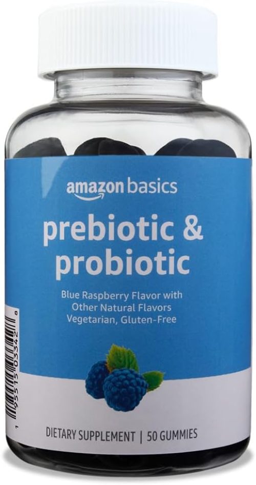 Amazon Brand – Solimo Prebiotic & Probiotic Gummies, 2 Billion CFU, Blue Raspberry, 50 Count (2 per Serving)