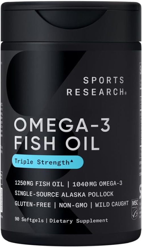 Sports Research Triple Strength Omega 3 Fish Oil – Burpless Fish Oil Supplement w/EPA & DHA Fatty Acids from Single-Source Wild Alaskan Pollock – 1250 mg, 90 ct