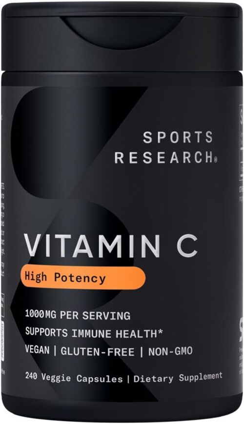 Sports Research Vitamin C 1000mg – Non-GMO Project Verified Ascorbic Acid Vitamin C Supplement for Immune Support & Antioxidant Protection | Vegan Friendly, 8 Month Supply (240 Count)