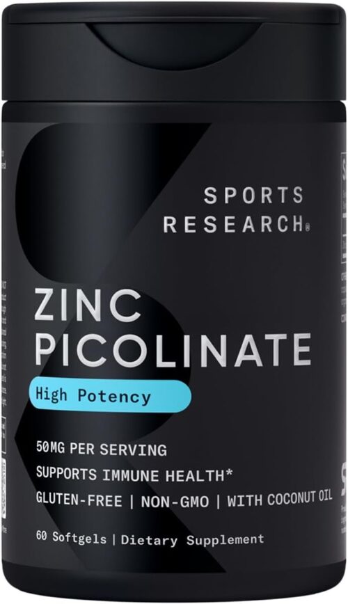 Sports Research Zinc Picolinate 50mg with Organic Coconut Oil | Highly Absorbable Zinc Supplement for Healthy Immune Function – Non-GMO Verified, Gluten & Soy Free (60 Liquid Softgels)