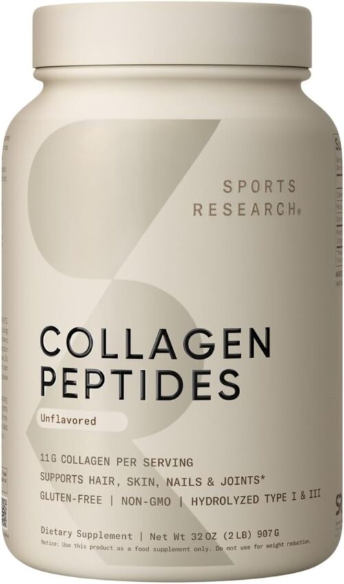 Sports Research Collagen Peptides – Hydrolyzed Type 1 & 3 Collagen Powder Protein Supplement for Healthy Skin, Nails, & Joints – Easy Mixing Vital Nutrients & Proteins, Collagen for Women & Men