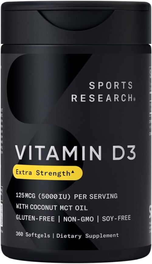 Sports Research Vitamin D3 5000iu (125mcg) with Coconut Oil ~ High Potency Vitamin D for Immune & Bone Support ~ Non-GMO Verified, Gluten & Soy Free (360 Mini-Liquid Softgels)