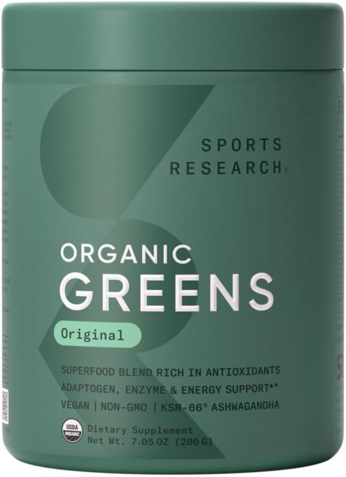 Sports Research® Organic Greens Superfood Powder w/Spirulina & Chlorella, Adaptogens, Enzymes, Probiotics & B Vitamins for Gut & Mood Support* – Vegan, Sugar-Free & Low Cal – 20 Servings