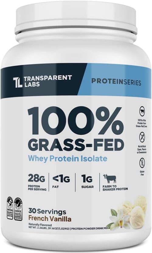 Transparent Labs Grass-Fed Whey Protein Isolate – Naturally Flavored, Gluten Free Whey Protein Powder with 28g of Protein per Serving & 9 Amino Acids – 30 Servings, French Vanilla