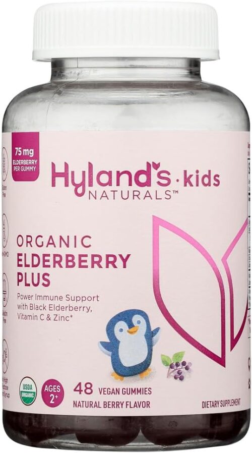 Hyland’s Kids Organic Elderberry Plus Gummies, Organic Black Elderberry with ZINC and Vitamin C, Immune Support for Children, 48 Vegan Gummies