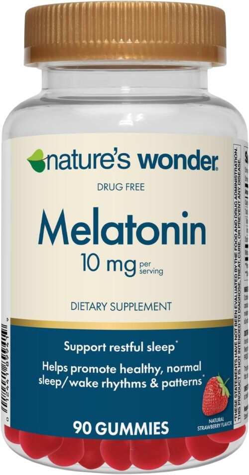 Nature’s Wonder Drug-Free Melatonin 10 mg Gummies for Adult Sleep Health, 100% Drug Free Sleep aid, Promote Healthy Sleep and Wake Rhythm and Patterns, 45 Day Supply, 90 Count