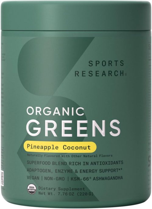 Sports Research® Organic Greens Superfood Powder w/Spirulina & Chlorella, Adaptogens, Enzymes, Probiotics & 8 VIT Bs for Gut & Mood Support* – Vegan, Sugar-Free & Low-Cal Pineapple Coconut 20