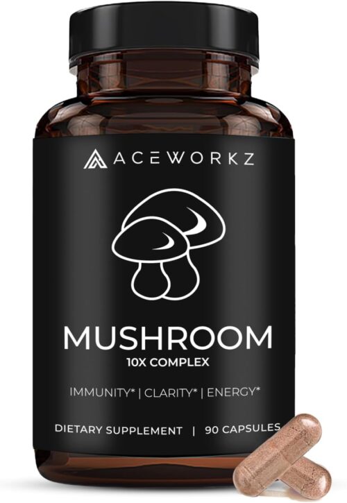 ACEWORKZ 10 Mushroom Complex Supplement – Lions Mane, Reishi and Cordyceps & More – Nootropic for Brain Health, Memory & Focus – Immunity & Energy (90 Capsules)