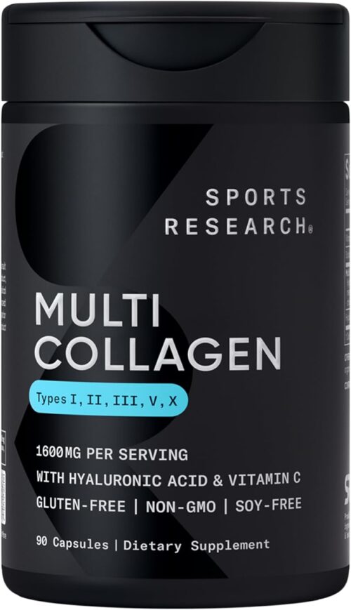 Sports Research Multi Collagen Pills (Type I, II, III, V, X) Hydrolyzed Collagen Peptides with Hyaluronic Acid + Vitamin C | Non-GMO Verified & Gluten Free – 90 Capsules