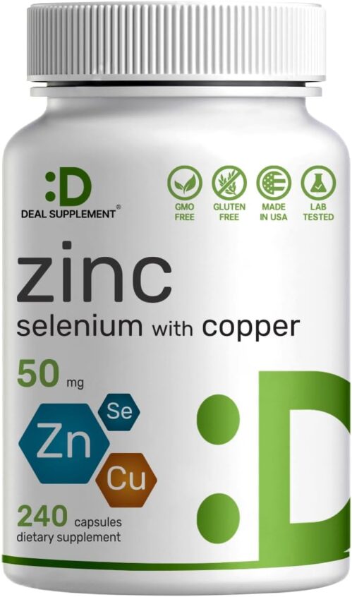 Deal Supplement Zinc 50mg with Selenium + Copper, 240 Capsules, 8 Month Supply, 3 in 1 Mineral Formula, Zinc Picolinate Complex Supplement, Supports Healthy Immune System for Adults and Kids
