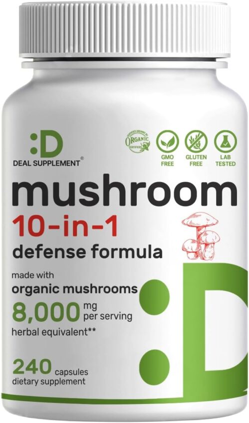 Organic 10-in-1 Mushroom Supplement 8,000mg Per Serving, 240 Capsules – Lions Mane, Turkey Tail, Reishi, Cordyceps & More Mushroom Complex – Immune, Energy & Nootropic Brain Support – Non-GMO
