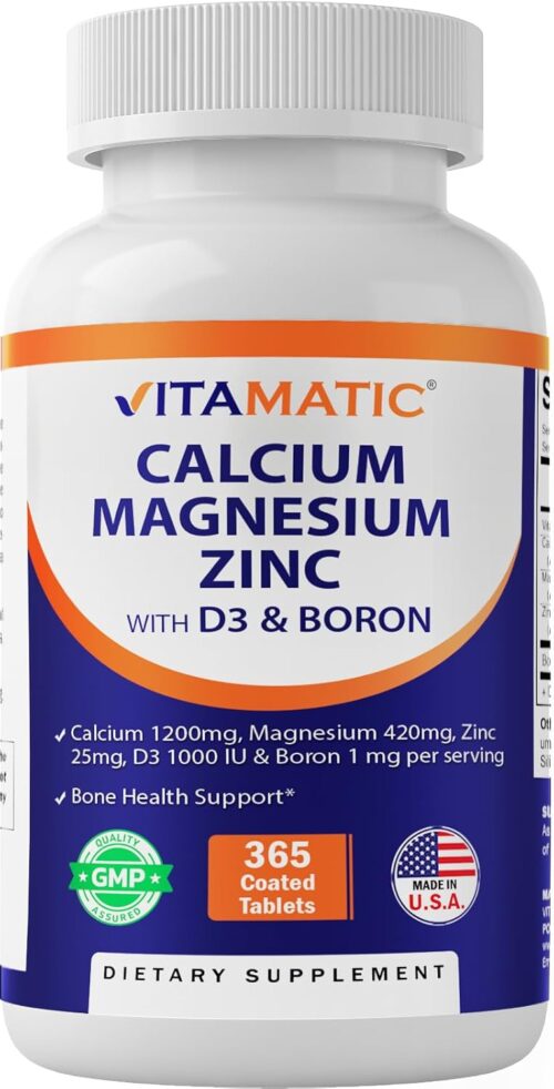 Vitamatic Calcium Magnesium Zinc D3 Boron | 365 Coated Tablets Supplement | Calcium 1200 mg, Magnesium 420mg, Zinc 25mg, Vitamin D3 1000 IU, Boron 1 mg | Non-GMO | Gluten Free | Made in USA