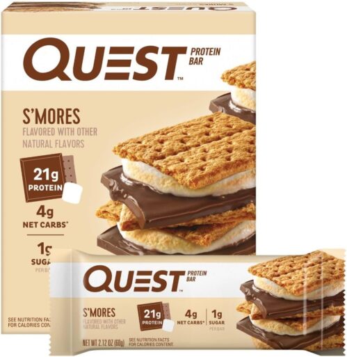Quest Nutrition S’mores Protein Bar, 31g Protein, 4g Net Carbs, 1g Sugar, Gluten Free, Keto Friendly, 4 Count