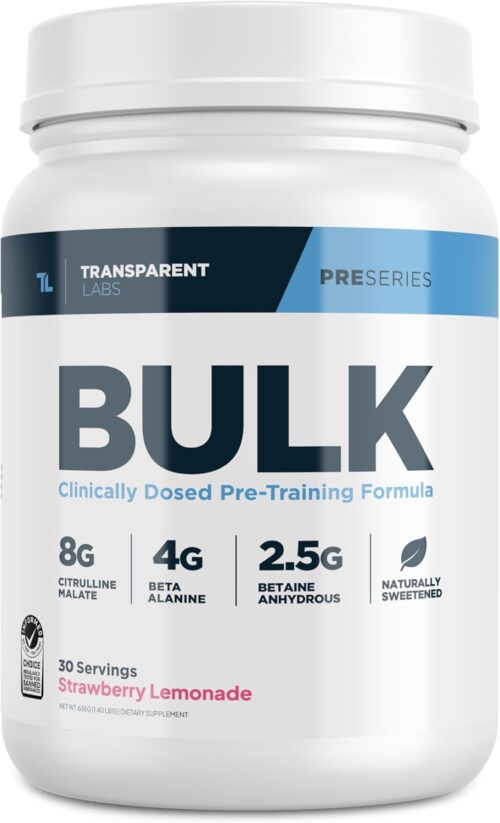 Transparent Labs Bulk Pre Workout Powder – Naturally Sweetened Advanced Pre-Workout Formula for Muscle Building and Strength – 30 Servings, Strawberry Lemonade