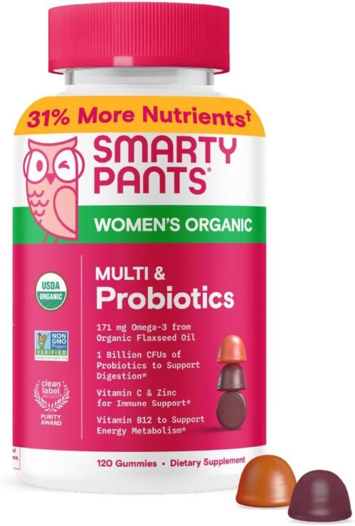 SmartyPants Organic Women’s Multivitamin Gummies: Biotin, Probiotics, Methylfolate, Omega 3 (ALA), Vitamin D3, C, Vitamin B12, B6, A, K & Zinc, Inositol, Gluten Free, 120 Count (30 Day Supply)