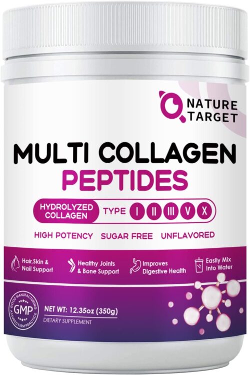 NATURE TARGET Multi Collagen Peptides Powder – Type I, II, III, V, X – Hydrolyzed Collagen Peptides with Vitamin C Hyaluronic Acid, Supports Skin Hair Nail & Joint, Grass-Fed, Non-GMO, 35 Servings
