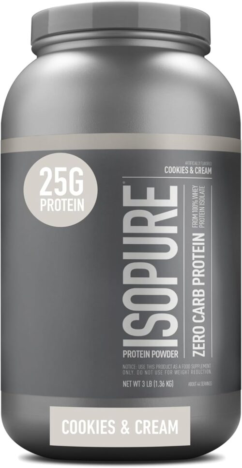 Isopure Zero Carb 100% Pure Whey Isolate Protein Powder, Lactose Free, Gluten Free, With Vitamins, Cookies & Cream, 25g Protein Per Serving, 3 Lbs, 44 Servings