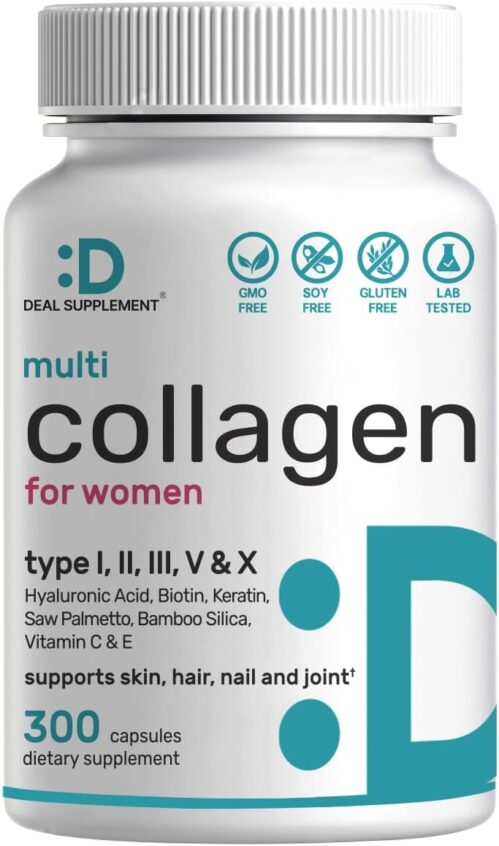 Multi Collagen Pills with Vitamin C, E & Biotin, 300 Capsules – Hydrolyzed Collagen Peptides – 11 in 1 Formula with Saw Palmetto, Bamboo Silica, & Hyaluronic Acid – Hair, Skin, Nail, & Joint Health