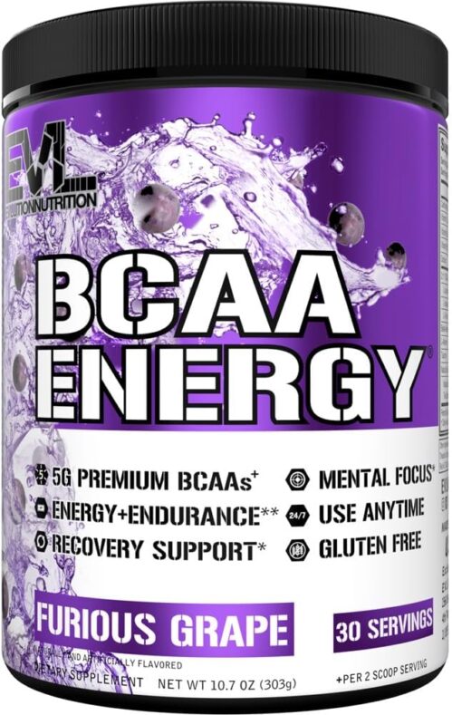 EVL BCAAs Amino Acids Powder – BCAA Energy Pre Workout Powder for Muscle Recovery Lean Growth and Endurance – Rehydrating Post Workout Recovery Drink with Natural Caffeine – Furious Grape