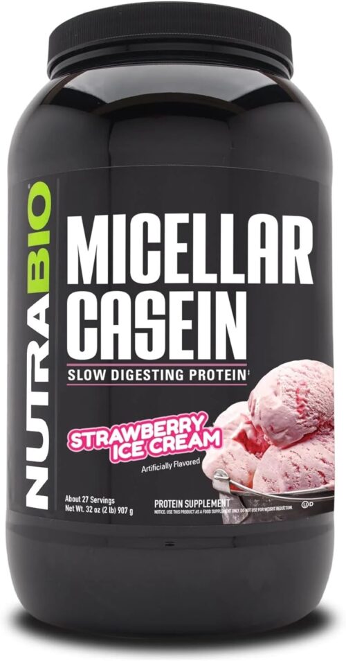 NutraBio Micellar Casein Protein Powder-Casein Protein Powder Strawberry- Slow Digesting – Muscle Growth – Essential Amino Acids – Non-GMO – Gluten & Soy Free-2 lbs Strawberry Ice Cream