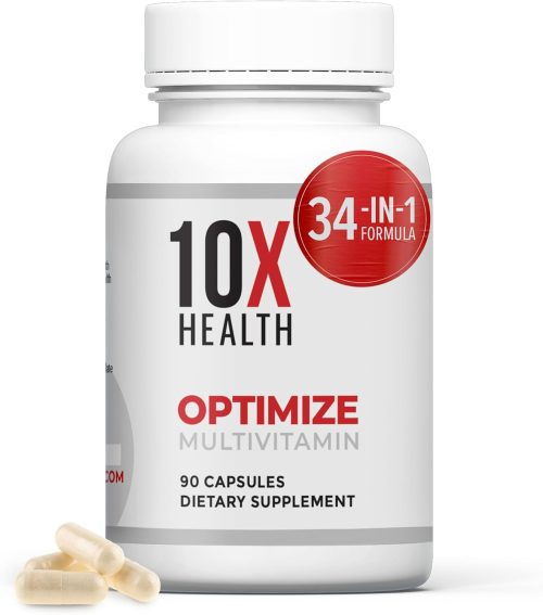 10X Health Optimize Methylated Multivitamin for Men & Women – 34 in 1 Formula with 800 mcg of Vitamin B12, Vitamin E, 5-MTHF, B Complex, NAC, Magnesium & Zinc Multivitamins – 90 Capsules