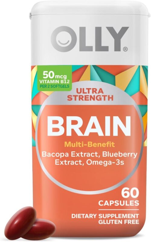 OLLY Ultra Strength Brain Softgels, Nootropic, Supports Healthy Brain Function, Memory, Focus and Concentration, Omega-3s, Vitamins B6 and B12, 30 Day Supply – 60 Count