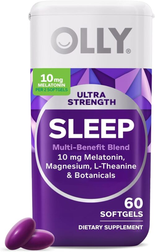 OLLY Ultra Strength Sleep Softgels, 10mg Melatonin, L-Theanine, Chamomile, Magnesium, Lemon Balm, Supports Deep Restful Sleep, Nighttime Sleep Aid, Non Habit-Forming – 60 Count