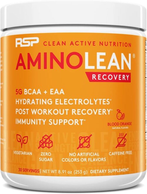 RSP AminoLean Recovery – Post Workout BCAAs Amino Acids Supplement + Electrolytes, BCAAs and EAAs for Hydration Boost, Immunity Support – Muscle Recovery Drink, Vegan Aminos, Blood Orange…
