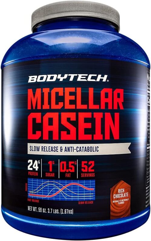 BodyTech Micellar Casein Protein Powder, Slow Release for Overnight Muscle Recovery – 24 Grams of Protein per Serving – Rich Chocolate (4 Pound)