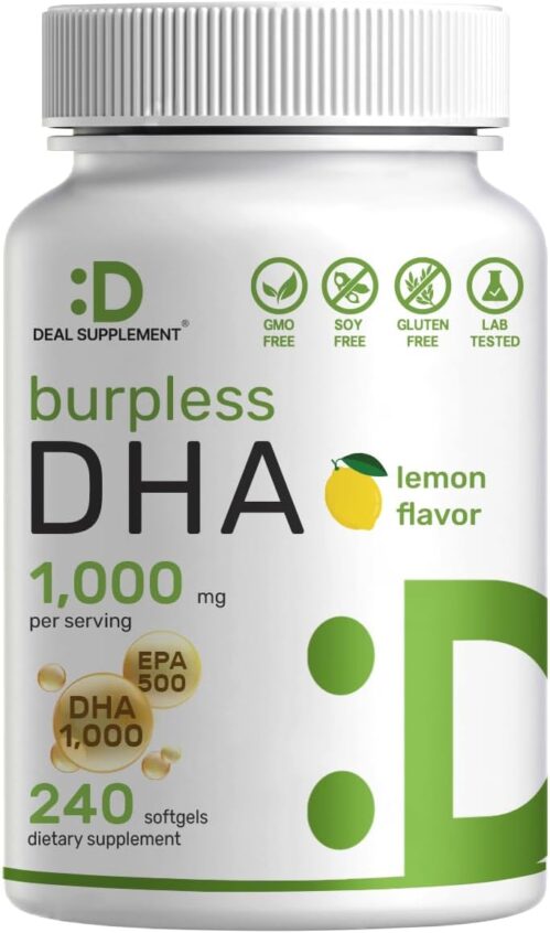 DHA Supplements | 240 Softgels, Burpless, Lemon Flavor, DHA 1000mg + EPA 500mg, Wild Caught Fish