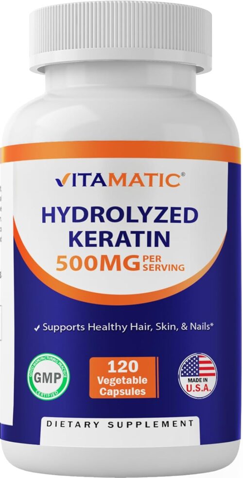 Vitamatic Hydrolyzed Keratin 500mg per Serving – 120 Vegetarian Capsules – Keratin Supplements for Healthy Hair Skin & Nails for Adults