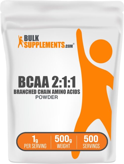 BulkSupplements.com BCAA 2:1:1 Powder – Branched Chain Amino Acids, BCAA Supplement, BCAAs Amino Acids Powder – Unflavored & Gluten Free, 1000mg per Serving, 500g (1.1 lbs) (Pack of 1)