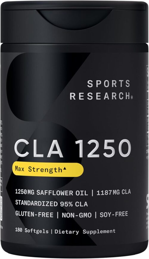 Sports Research CLA – 1250mg with Active Conjugated Linoleic Acid for Men and Women | Non-GMO, Soy & Gluten Free – 95% (180 Softgels)…