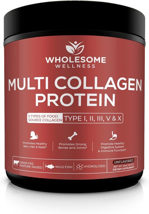 Wholesome Wellness Multi Collagen Protein Powder Hydrolyzed (Type I II III V X) Grass-Fed All-in-One Super Bone Broth + Peptides – Premium Blend of Beef, Chicken, Wild Fish, Eggshell, 58 Servings