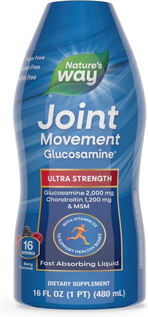 Nature’s Way Joint Movement Glucosamine Fast Absorbing Liquid, Ultra Strength, Supports Healthy Bones*, Chondroitin, and MSM with Vitamin D3, Berry Flavored, 16 Fl Oz (Packaging May Vary)