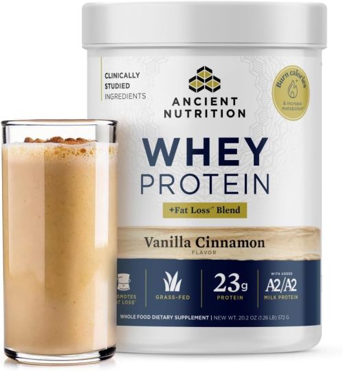 Ancient Nutrition Grass Fed Whey Protein + Fat Loss Blend, Vanilla Cinnamon, 23g Protein, Promotes Fat Loss and Boost Metabolism, Organic Regenerative A2/A2 Milk Protein,18 Servings