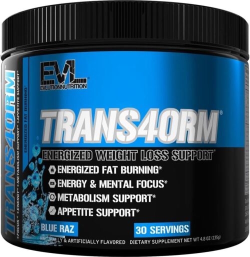 Evlution Thermogenic Fat Burning Support Powder Nutrition Trans4orm Fast Acting Energy Powder to Support Fast Metabolism Weight Loss and Mental Focus with CLA Carnitine and Alpha GPC – Blue Raz