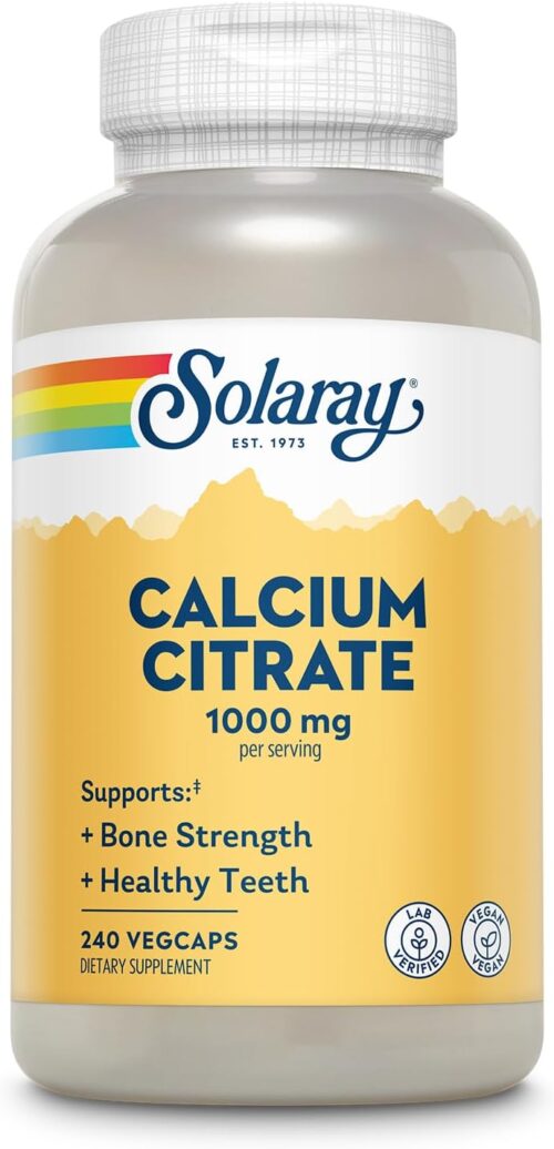Solaray Calcium Citrate 1000mg – Chelated Calcium Supplement – Supports Bone Strength and Healthy Teeth – Easy to Digest – 60-Day Guarantee, Vegan – 60 Servings, 240 VegCaps