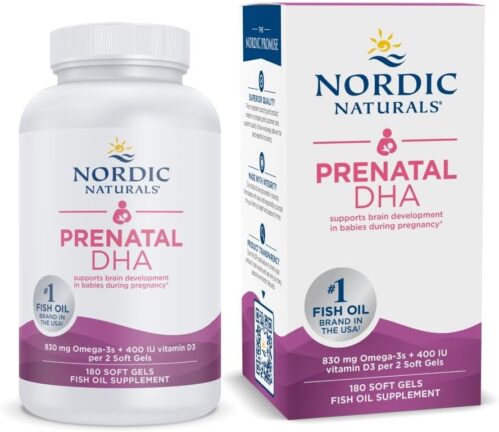 Nordic Naturals Prenatal DHA, Unflavored – 180 Soft Gels – 830 mg Omega-3 + 400 IU Vitamin D3 – Supports Brain Development in Babies During Pregnancy & Lactation – Non-GMO – 90 Servings