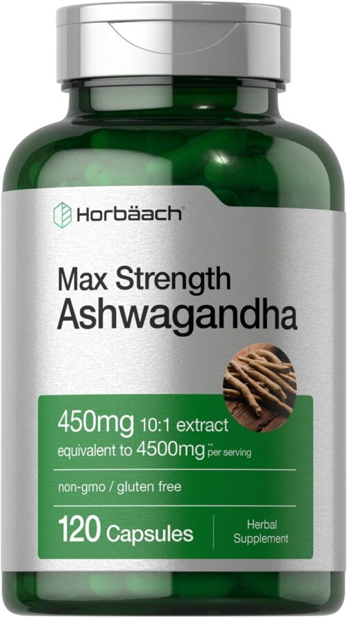 Horbäach Ashwagandha Supplement | Max Strength | 120 Capsules | Non-GMO, Gluten Free