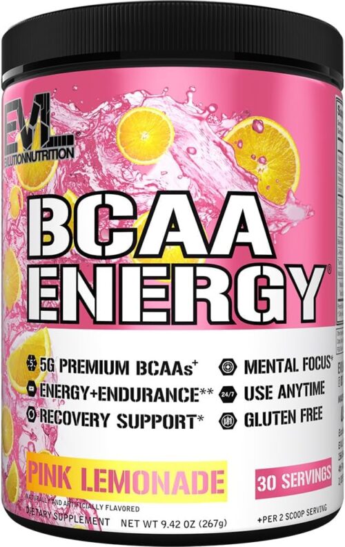 EVL BCAAs Amino Acids Powder – BCAA Energy Pre Workout Powder for Muscle Recovery Lean Growth and Endurance – Rehydrating Post Workout Recovery Drink with Natural Caffeine – Pink Lemonade