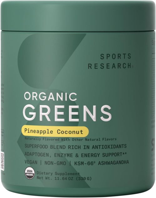 Sports Research® Organic Greens Superfood Powder w/Spirulina & Chlorella, Adaptogens, Enzymes, Probiotics & 8 VIT Bs for Gut & Mood Support* – Vegan, Sugar-Free & Low-Cal Pineapple Coconut 30