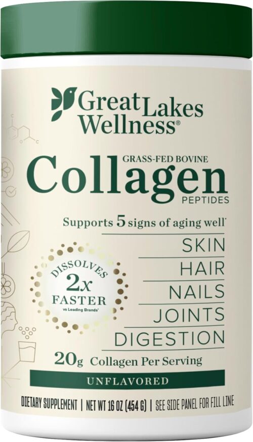 Great Lakes Wellness Collagen Peptides Powder for Skin, Hair, Nails, Joints & Digestion – Unflavored – Quick Dissolve Hydrolyzed, Non-GMO, Keto, Kosher – 16oz