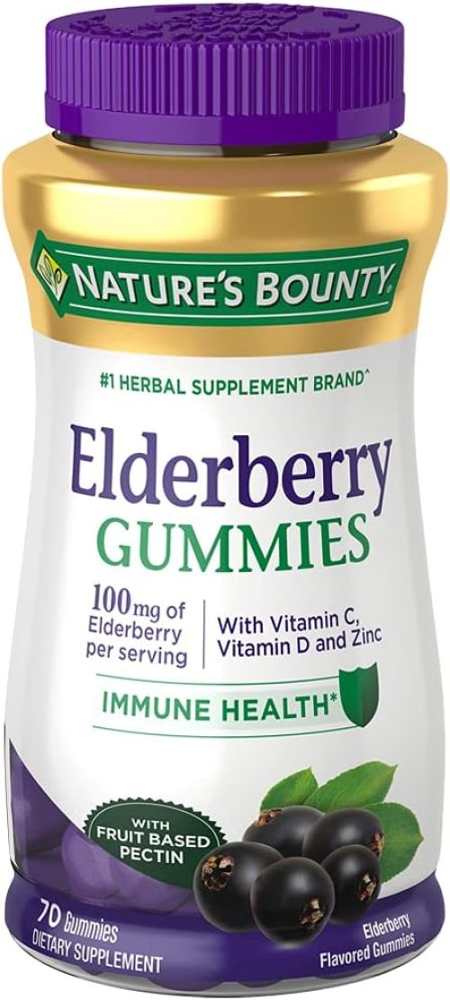 Elderberry Gummies by Nature’s Bounty, Dietary Supplement, Supports Immune Health, Contains Vitamin A, C, D, E and Zinc, 100 mg, 70 Gummies